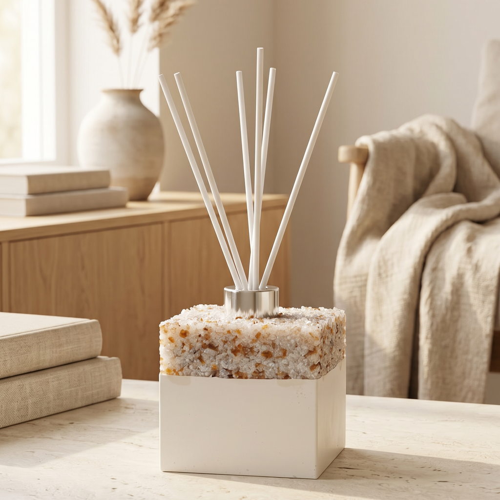 Decorative diffuser with reeds on a table in a cozy living room setting
