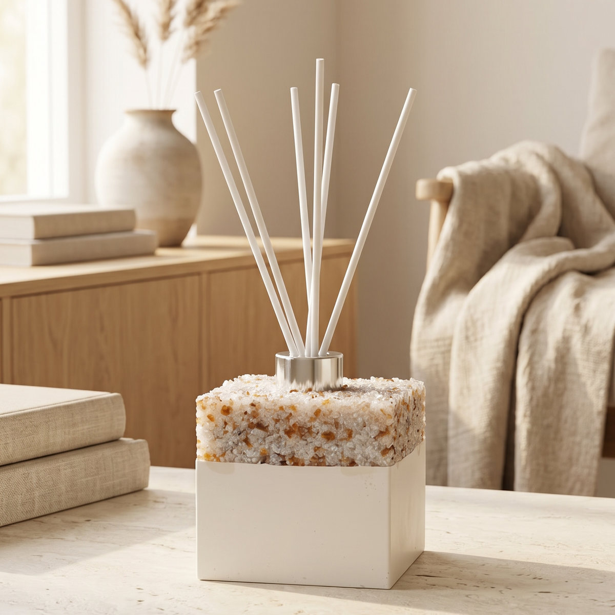 Decorative diffuser with reeds on a table in a cozy living room setting
