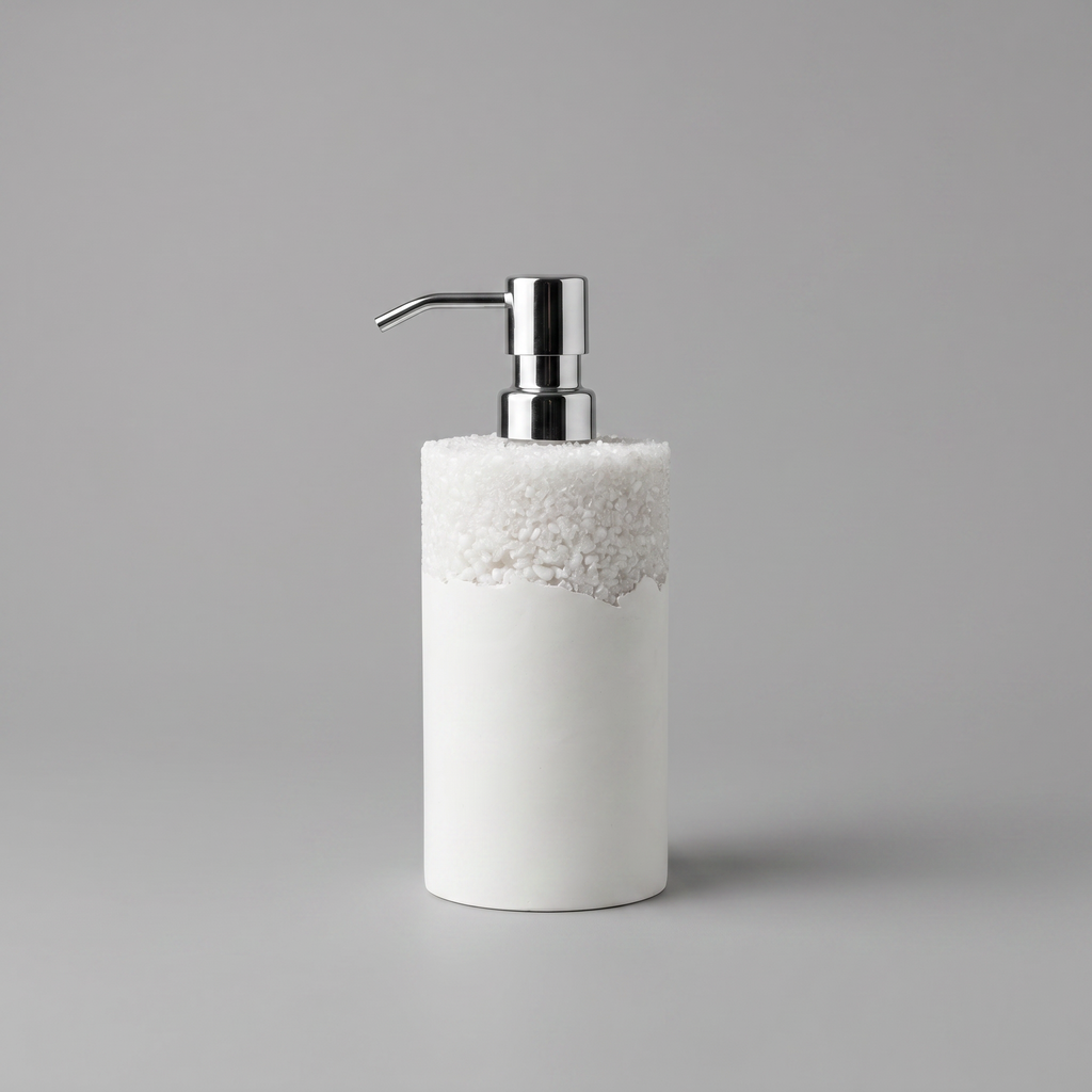 White jesmonite soap dispenser with silver pump