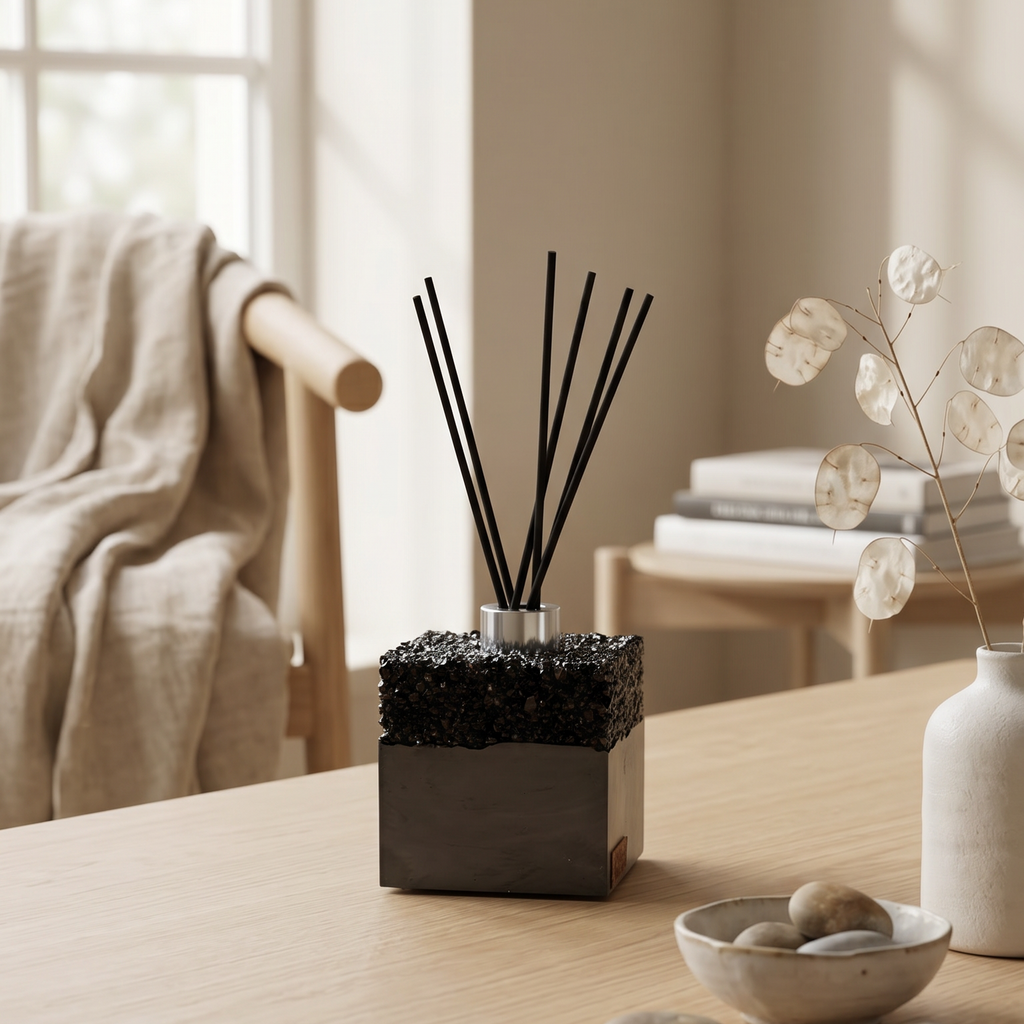 Decorative diffuser with black sticks on a wooden table in a softly lit room.