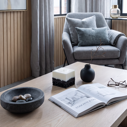 LARE Studio design showcasing fancy candles with a two-toned sculptural aesthetic on a modern oak coffee table.