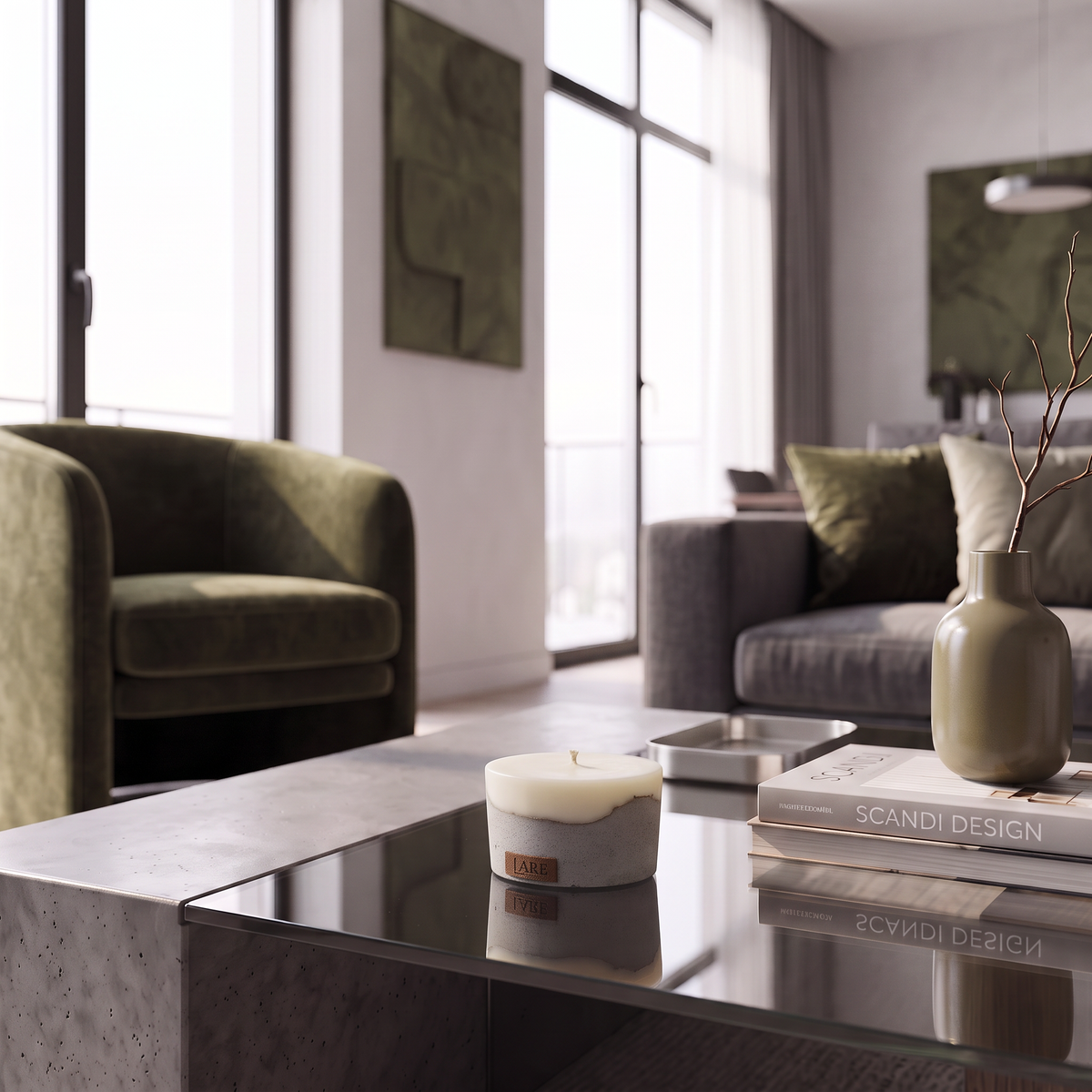 Aesthetic Scandinavian style concrete candle on a modern living room coffee table