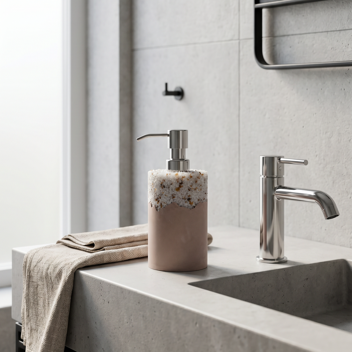 Bathroom sink area with a soap dispenser and faucet
