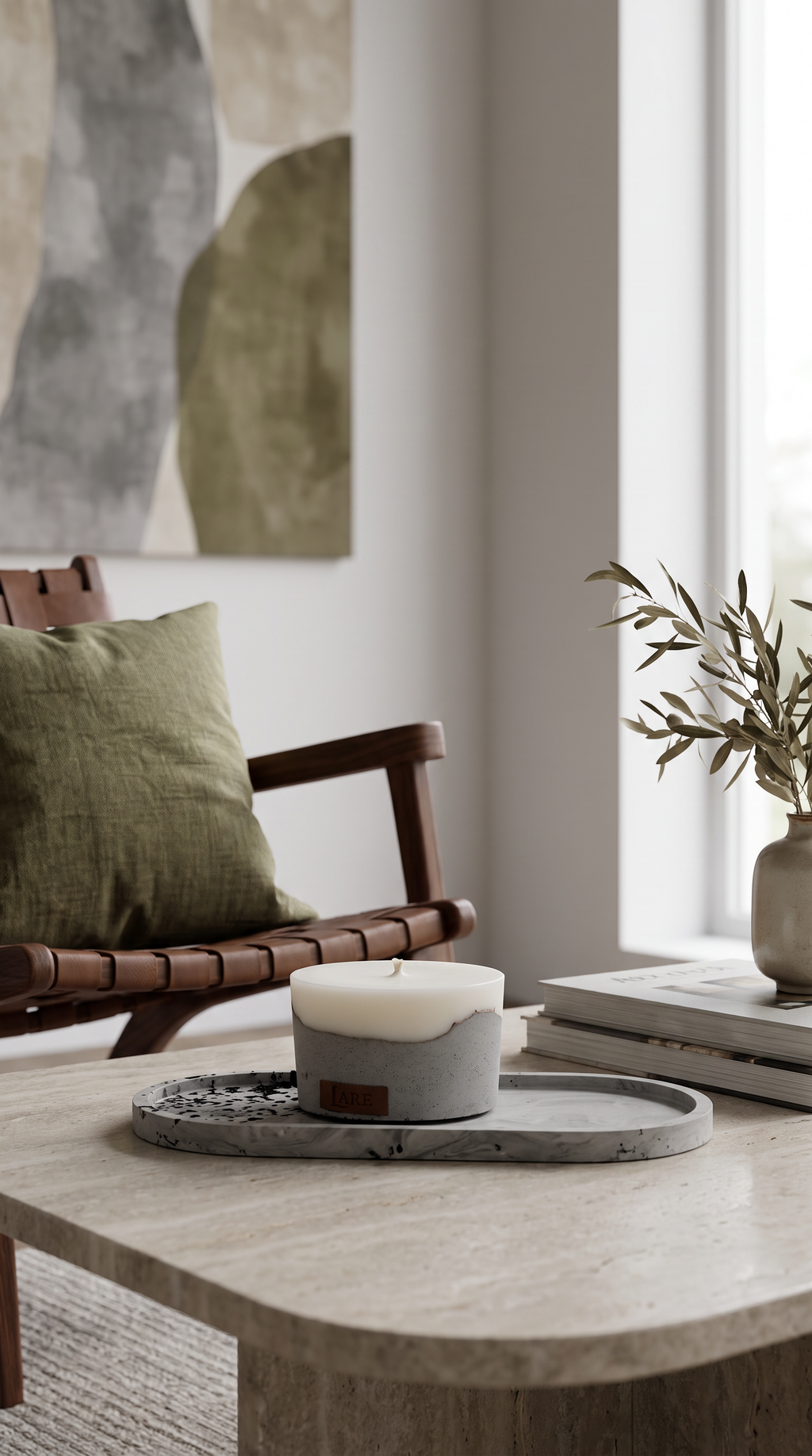 A styled interior with a wooden armchair holding an olive green pillow, a low stone table with a gray tray and a white soy with grey concrete candle, books, a vase with dried stems, and a large abstract wall painting in a bright room.