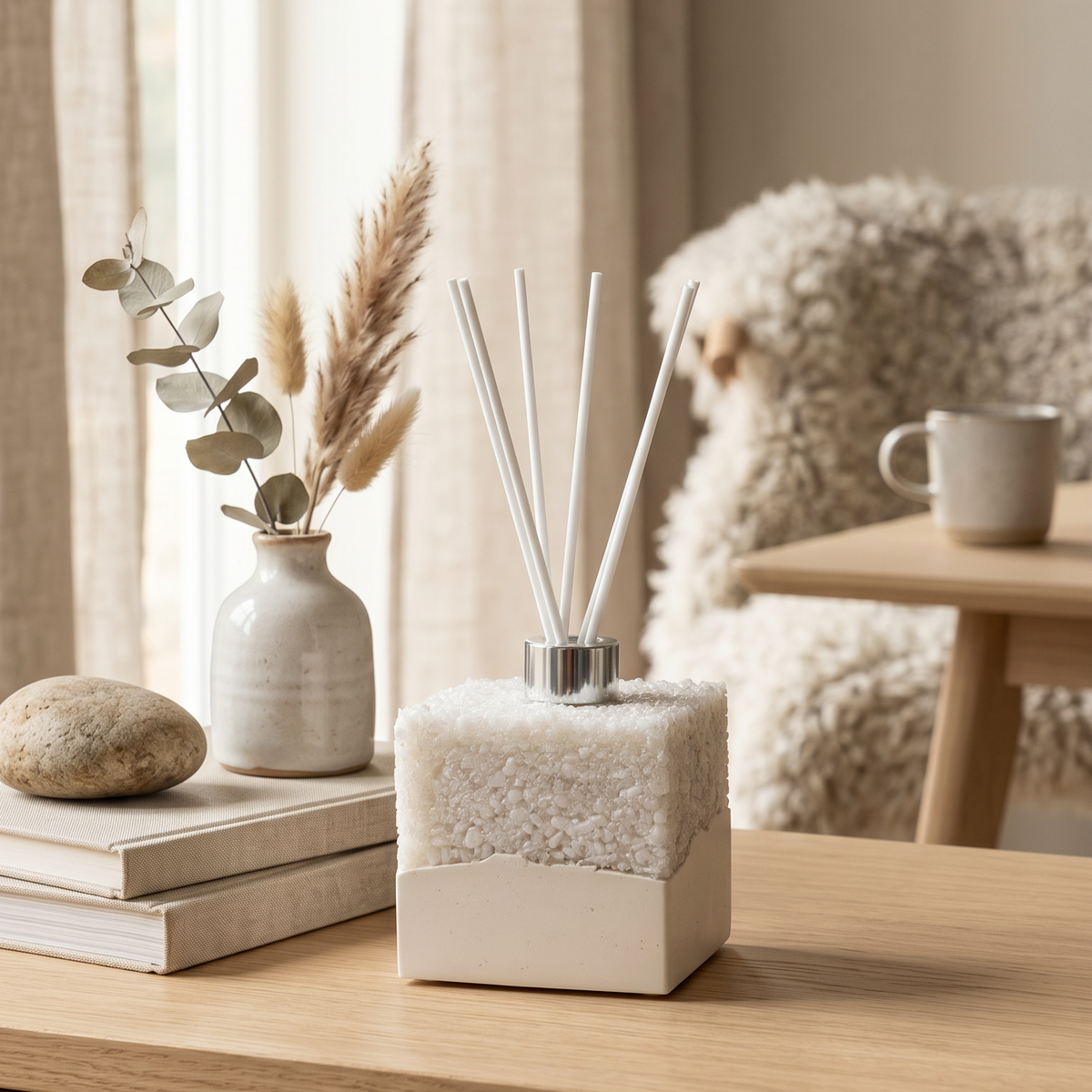 Decorative diffuser on a wooden surface with books, vase, and plant in a cozy room.