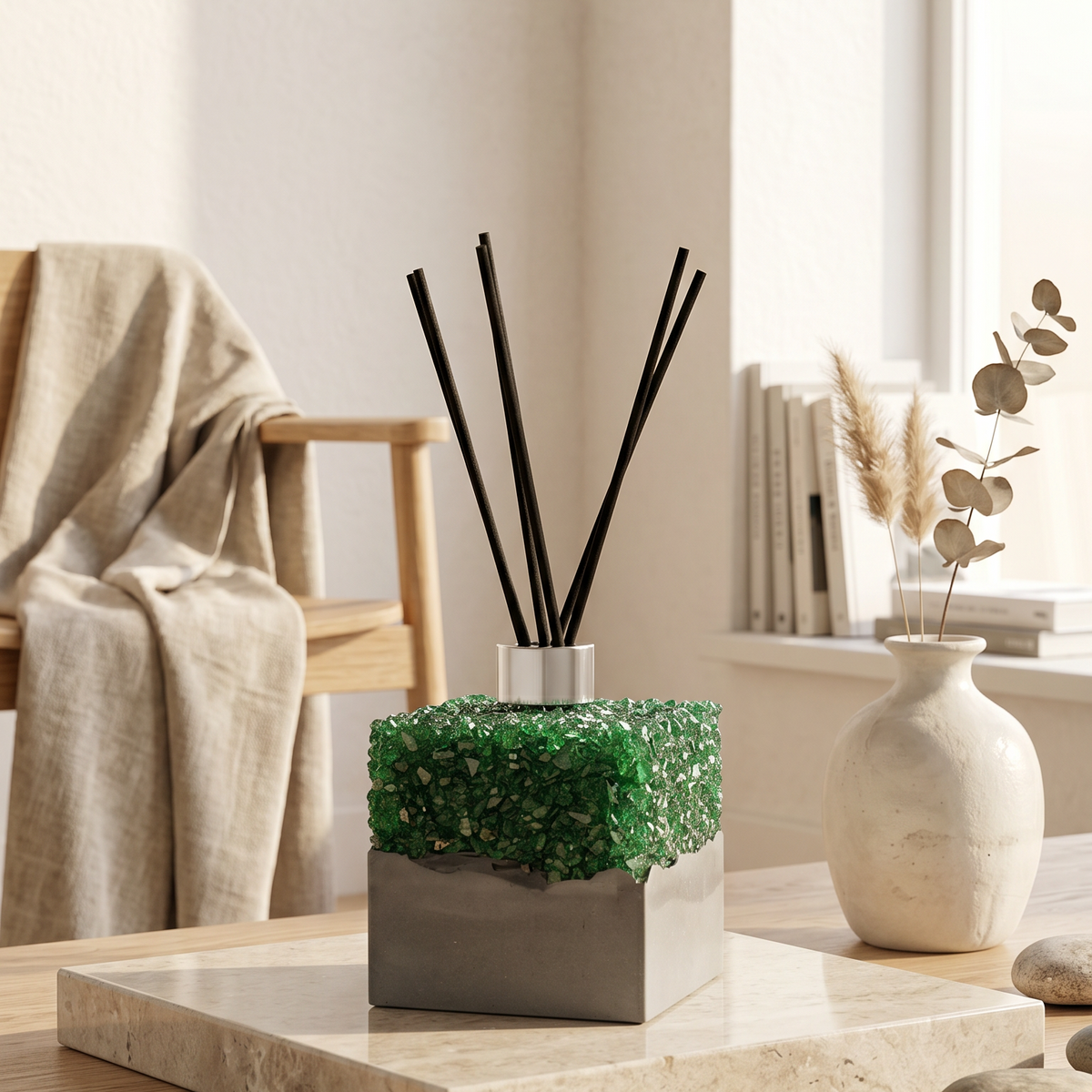 Decorative diffuser with green and gray design on a table with a neutral background
