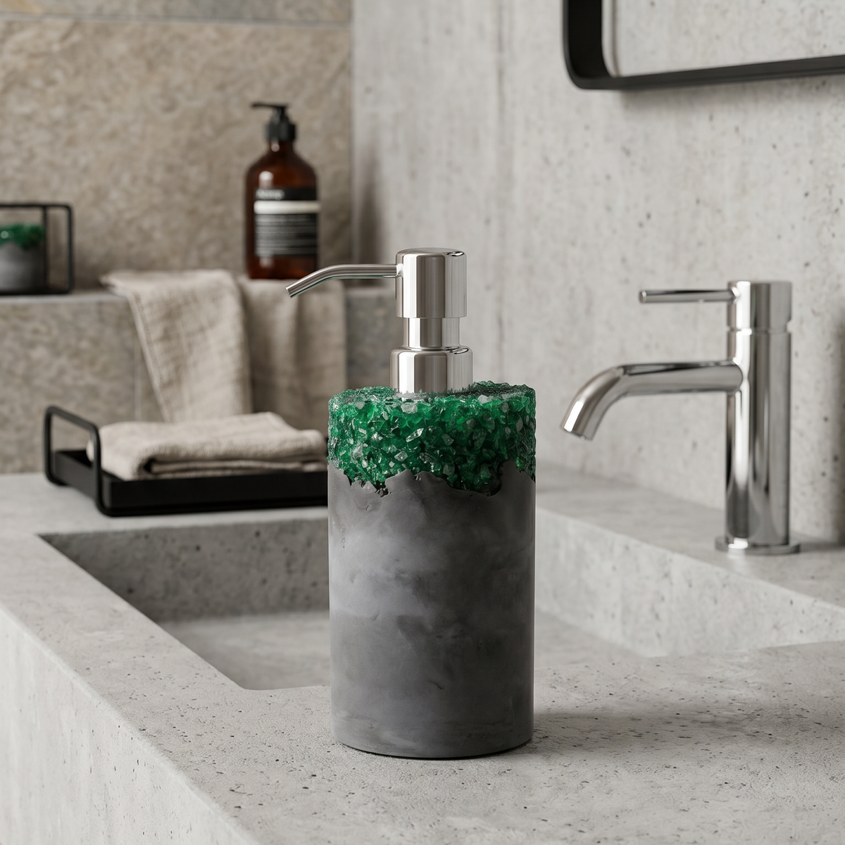 Soap dispenser with green top on a bathroom counter