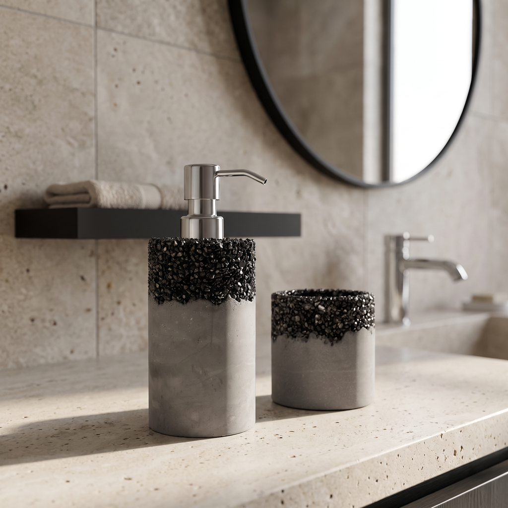 A bathroom countertop set featuring a concrete-look soap dispenser and matching cup with a dark textured top band, shown beside a sink and faucet in a real interior setting.