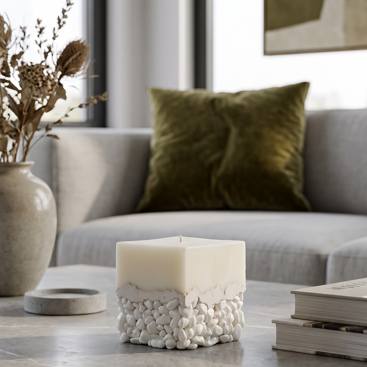 Sculptural white soy candle by LARE Studio, one of the best fall candles for elegant interiors, with warm cinnamon, orange, and cedarwood fragrance notes. Styled on a gray stone coffee table with a gray sofa, green pillow, and dried flowers in a modern living room.