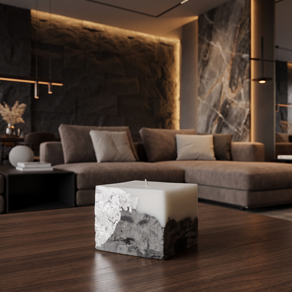 LARE marble silver sculptural soy candle with fragrance oils & textured concrete base on dark wooden table — luxury candles for interiors