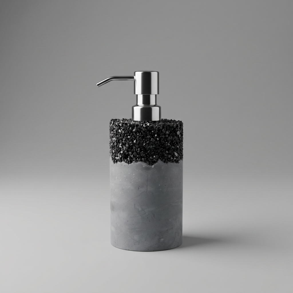 Jesmonite soap dispenser with black speckles and silver pump